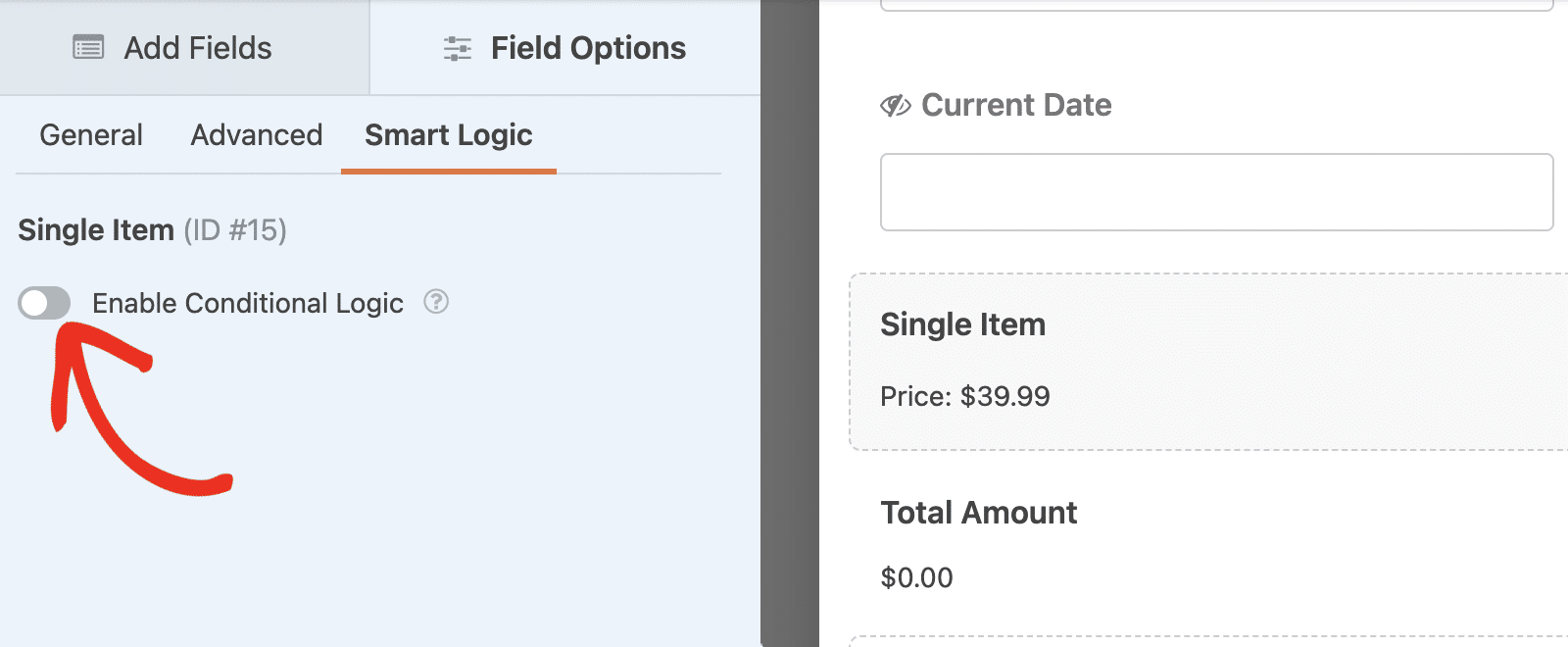 Enable conditional logic to show payment field based on a date