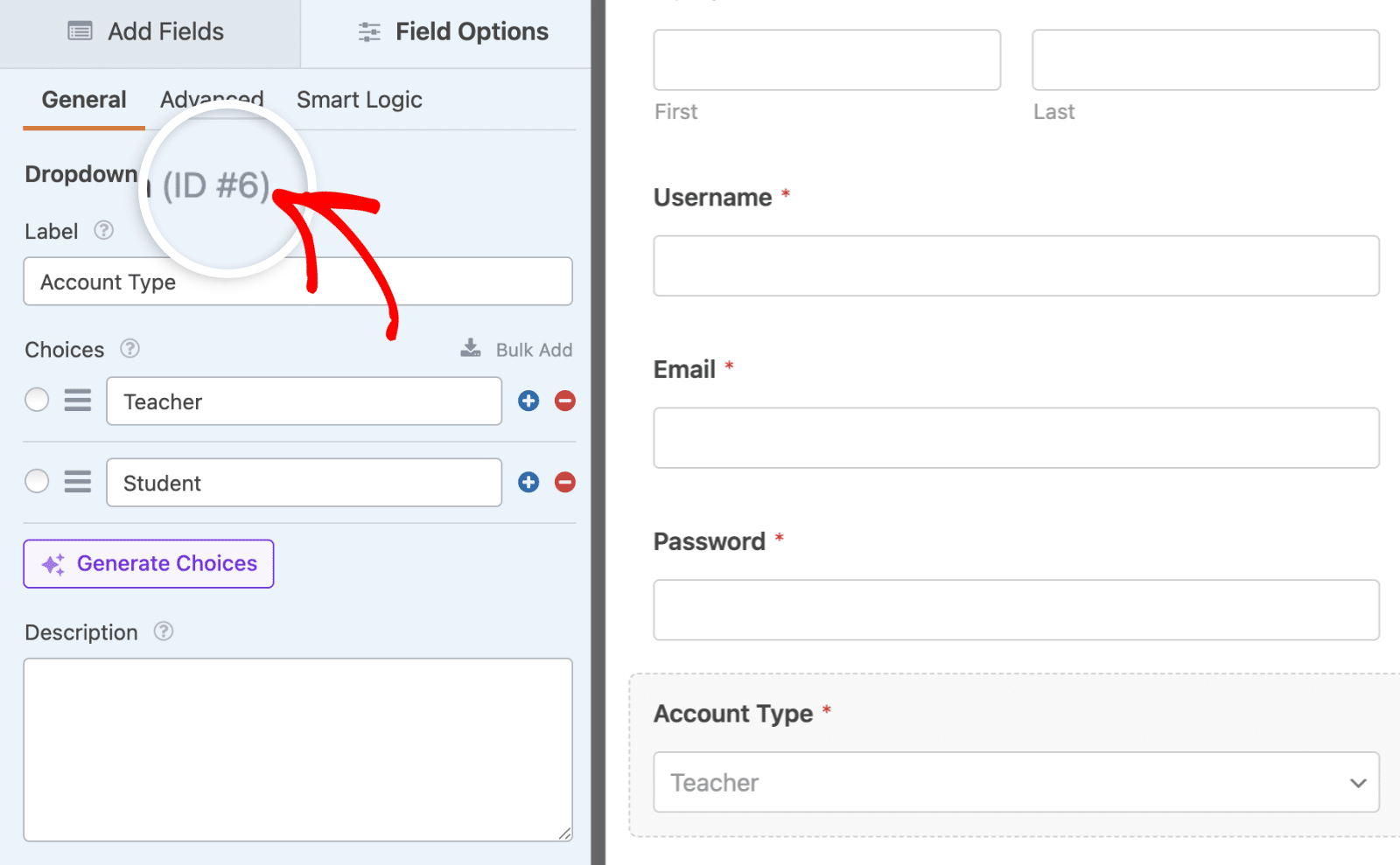 Dropdown field ID to assign user roles conditionally