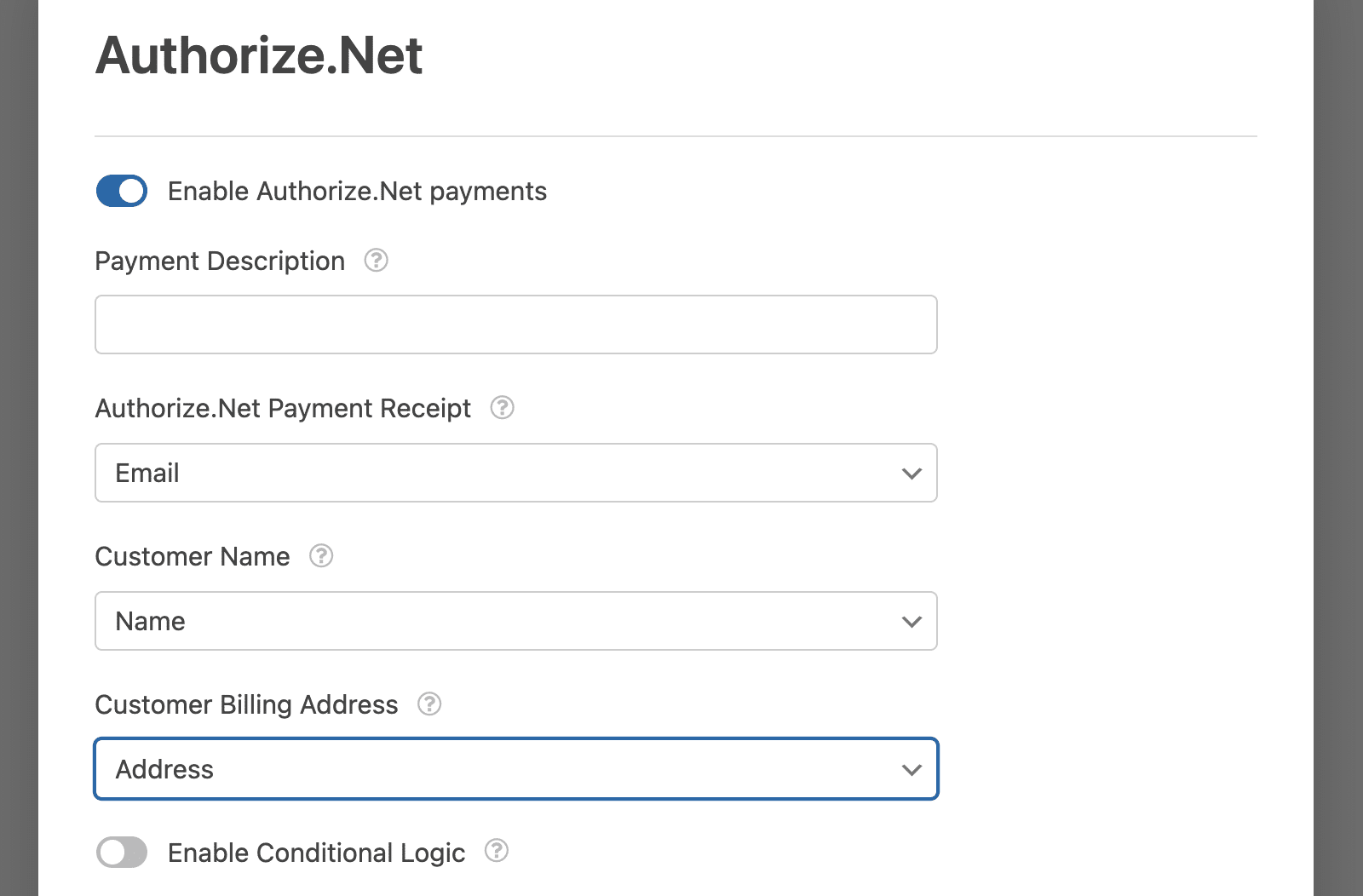 you can map the name, email, and address to authorize.net from the WPForms form builder