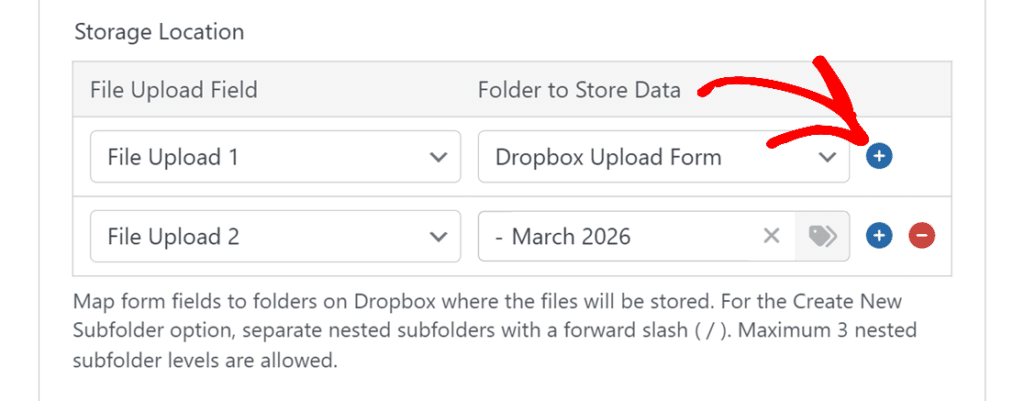 map-new-fields-dropbox - WPForms Click icon to add more storage locations