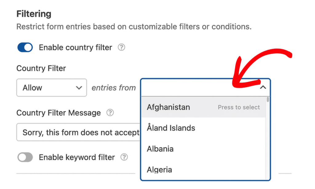 Filtering countries on your online forms