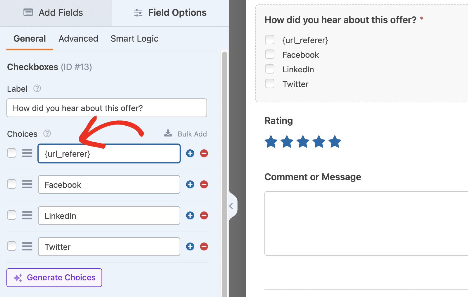 Adding the referral URL Smart Tag to Checkbox field choices