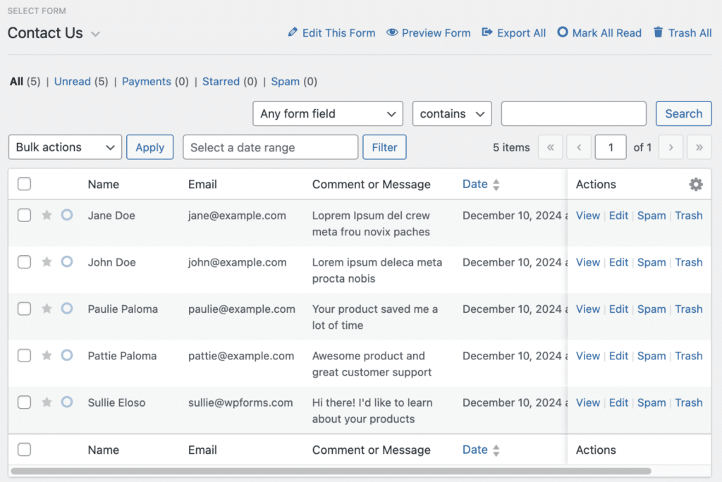 wpforms entries