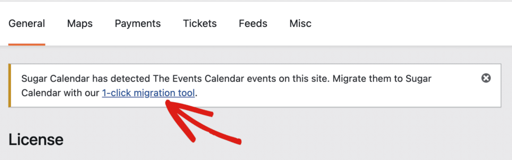 Selecting the 1-click migration tool in Sugar Calendar