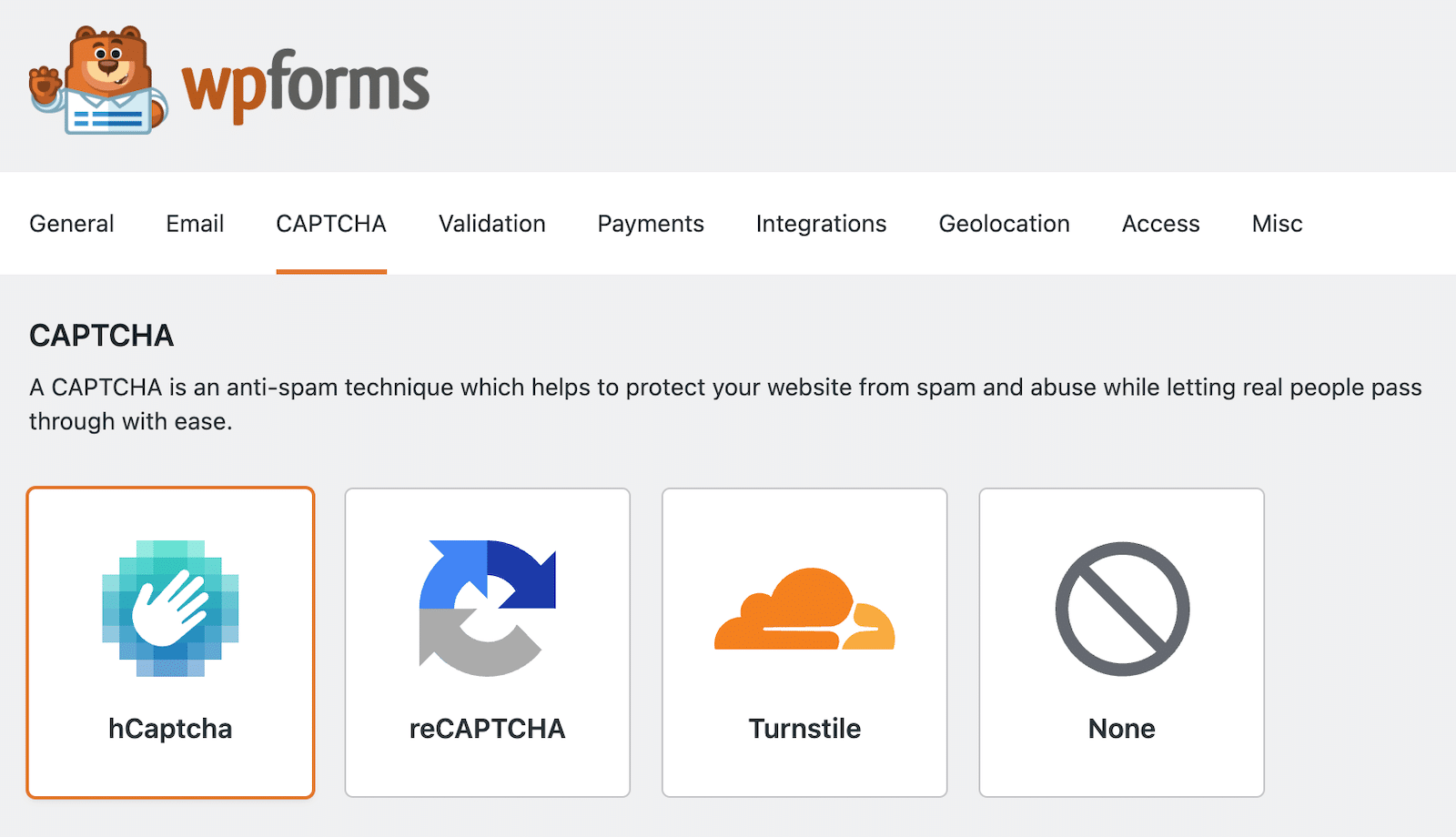 Spam protection options in WPForms