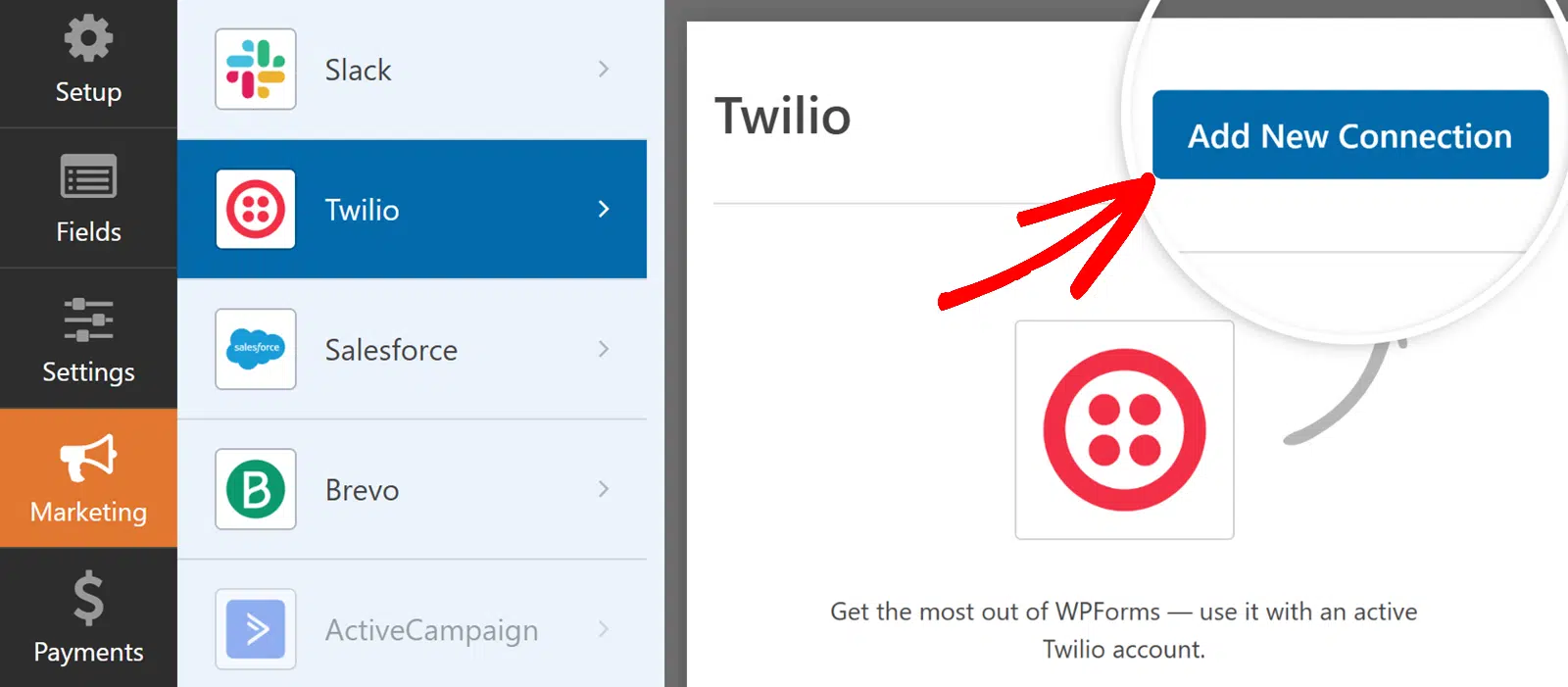 Adicione uma nova conexão ao Twilio no construtor de formulários WPForms