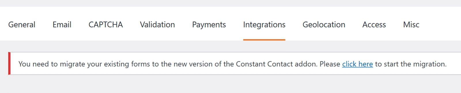 WPForms migration notice Constant Contact