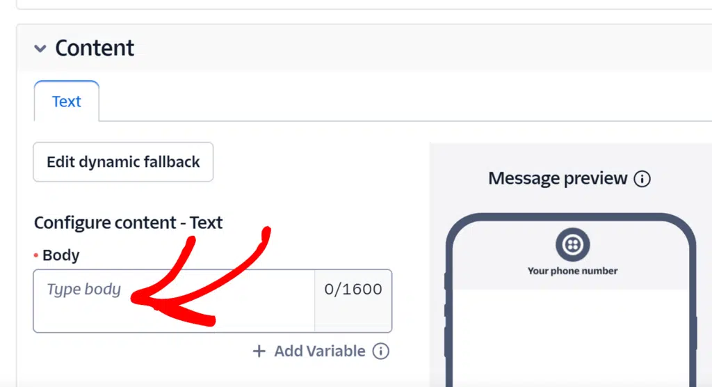Insira o texto do corpo da mensagem no Twilio