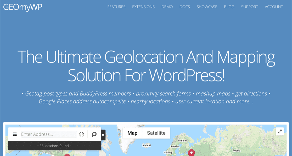 GEO My WP WordPress geolocation plugin homepage