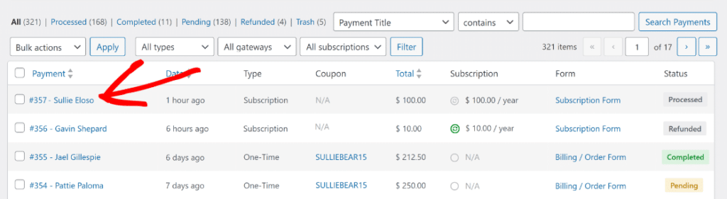 Clickable payer's name on the payment table