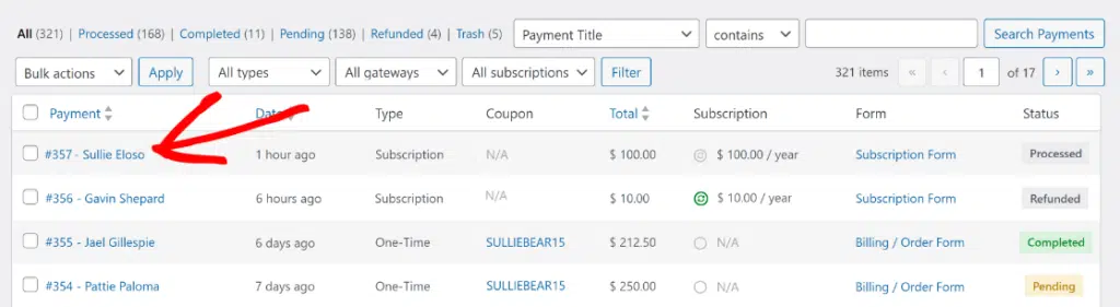 Clickable payer's name on the payment table