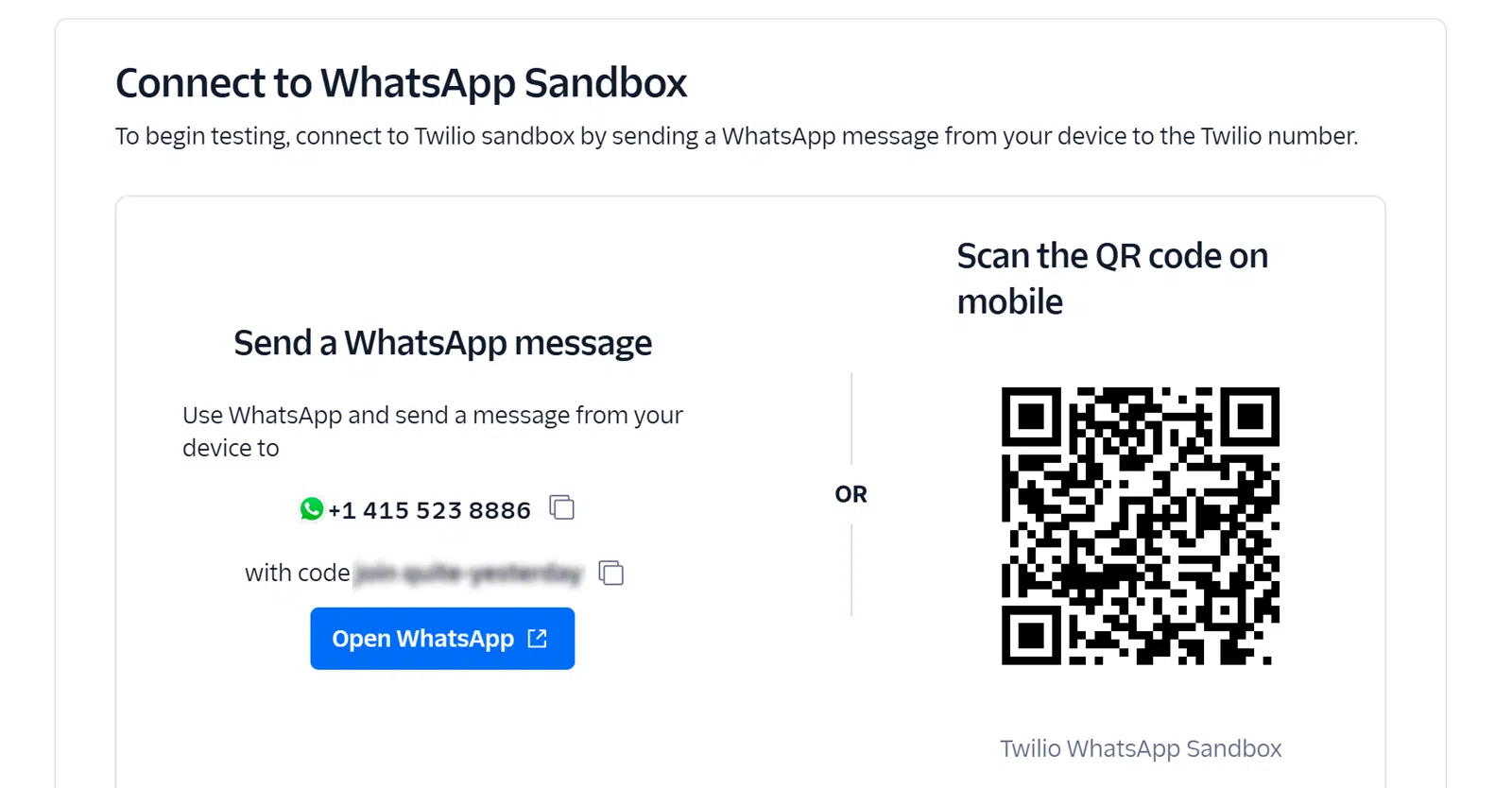Use os detalhes da sua conexão para entrar no ambiente Sandbox do Twilio