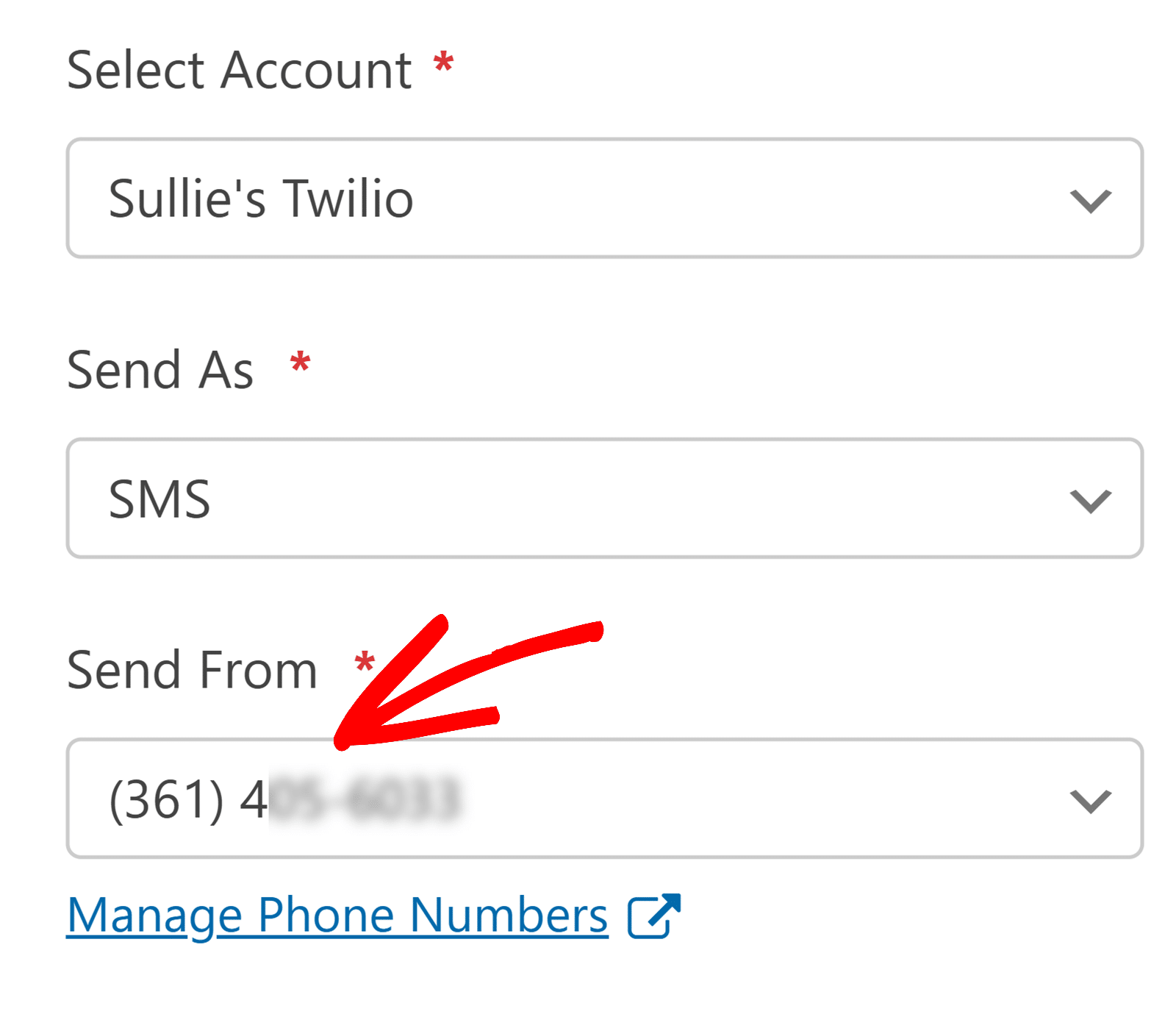 Select the Twilio number to use to send your notifications