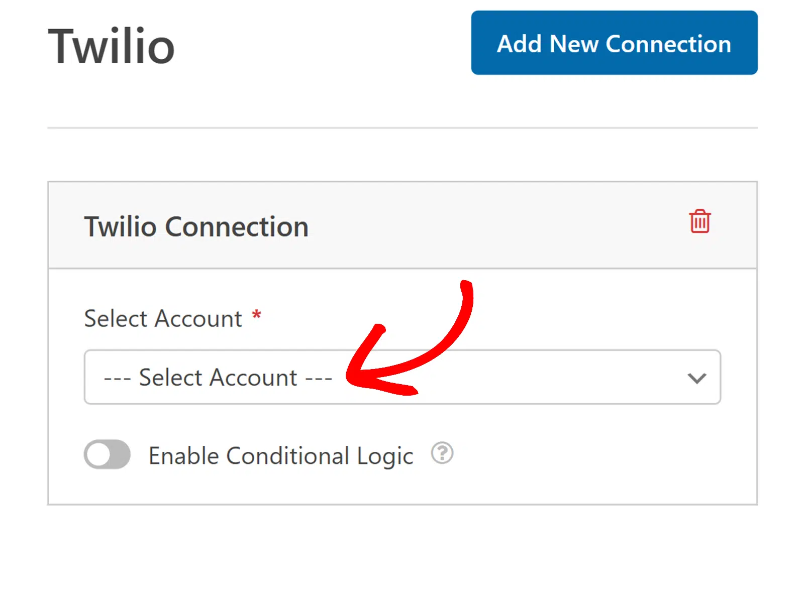 Selecione sua conta Twilio no construtor de formulários WPForms