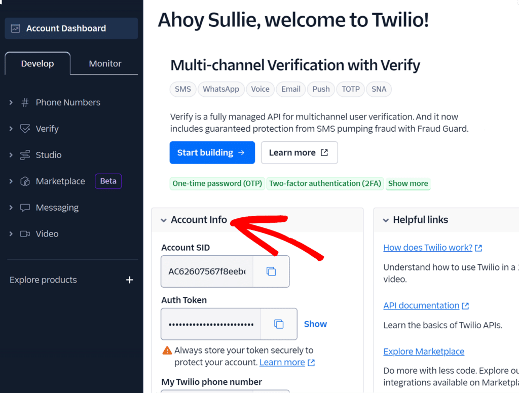 Account info Twilio Dashboard