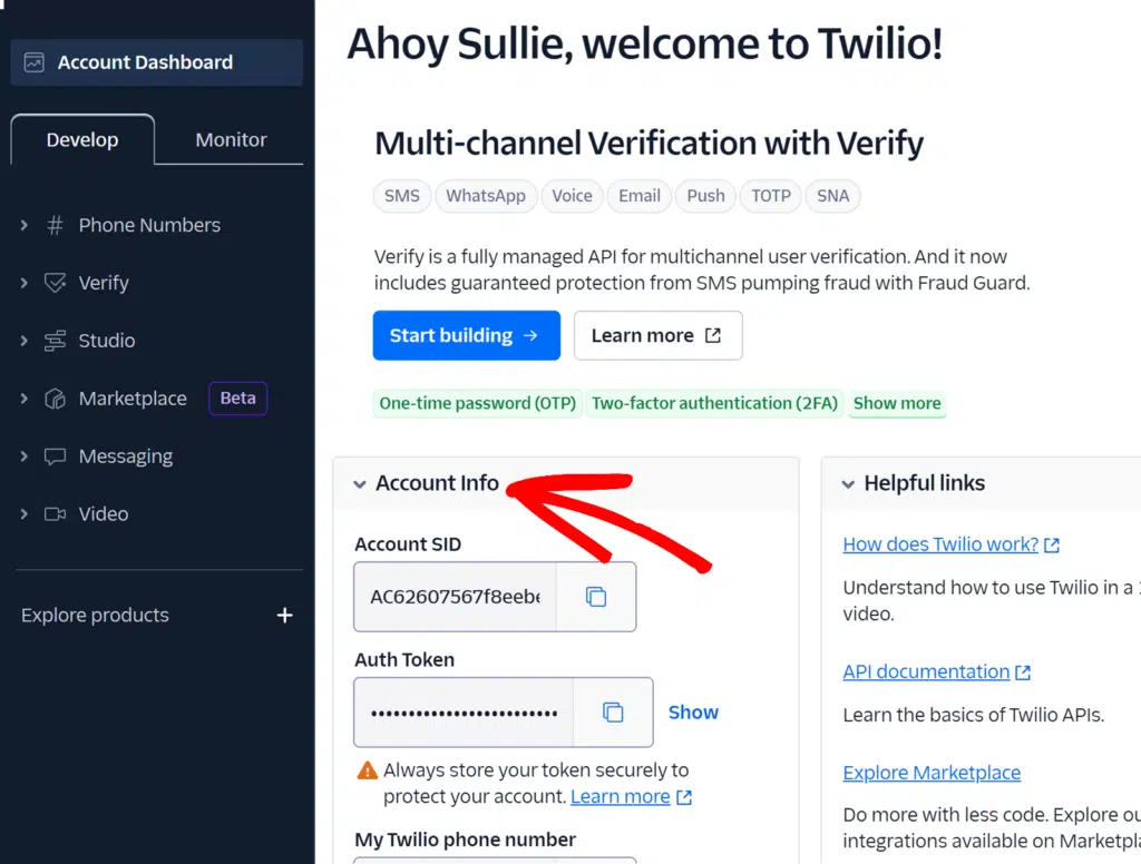 Account info Twilio Dashboard
