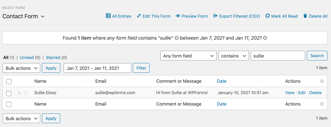 WPForms entry with breadcrumb filter