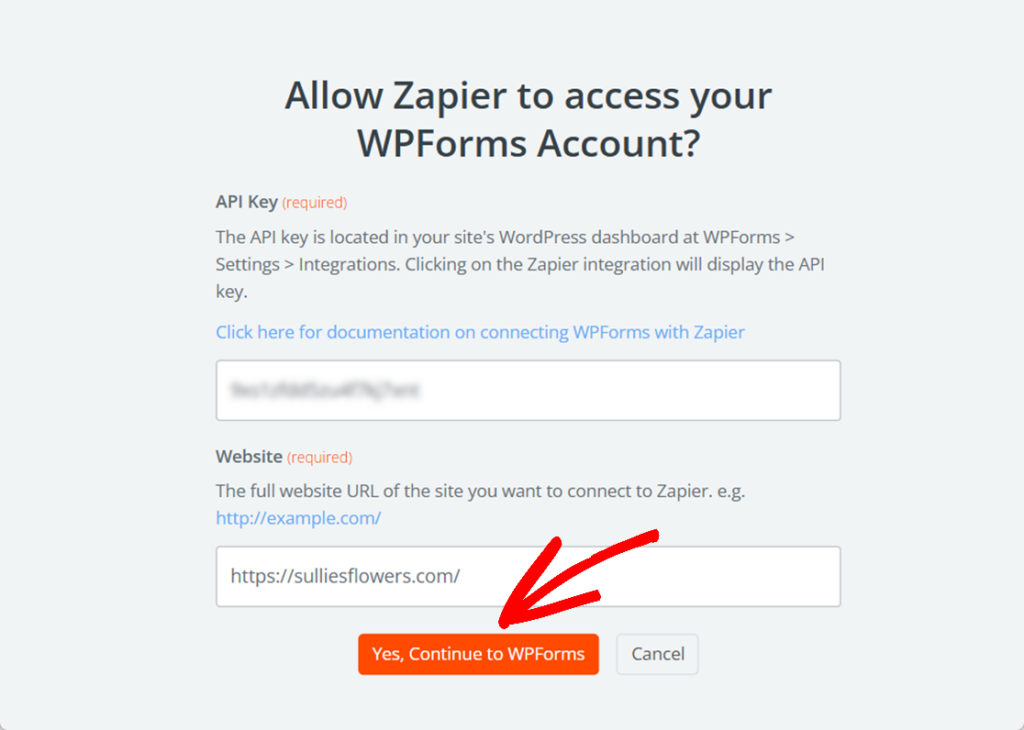 Allowing Zapier to accessing your WPForms account by providing your API key