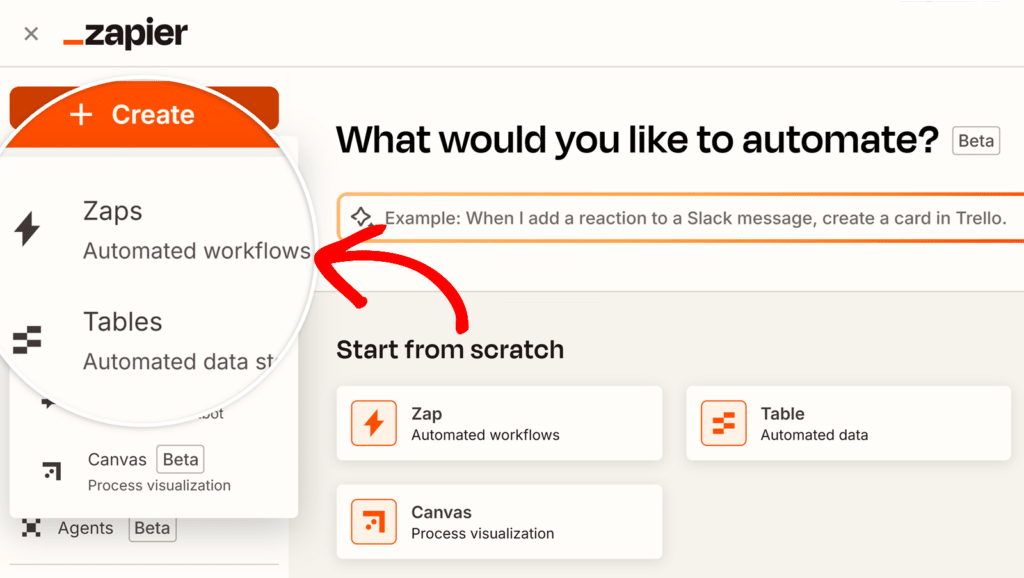 Creating a new Zap in Zapier