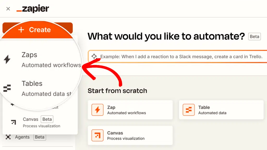 Creating a new Zap in Zapier