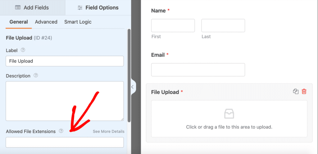 Setting the allowed file extensions in the file upload field