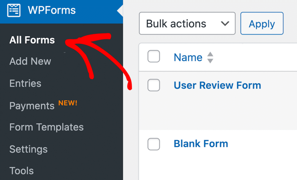 Navigating to all forms in WPForms