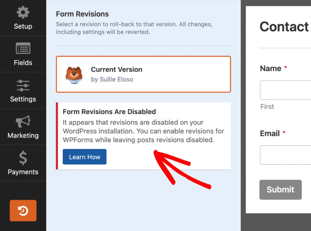 Form revisions disabled in the form builder