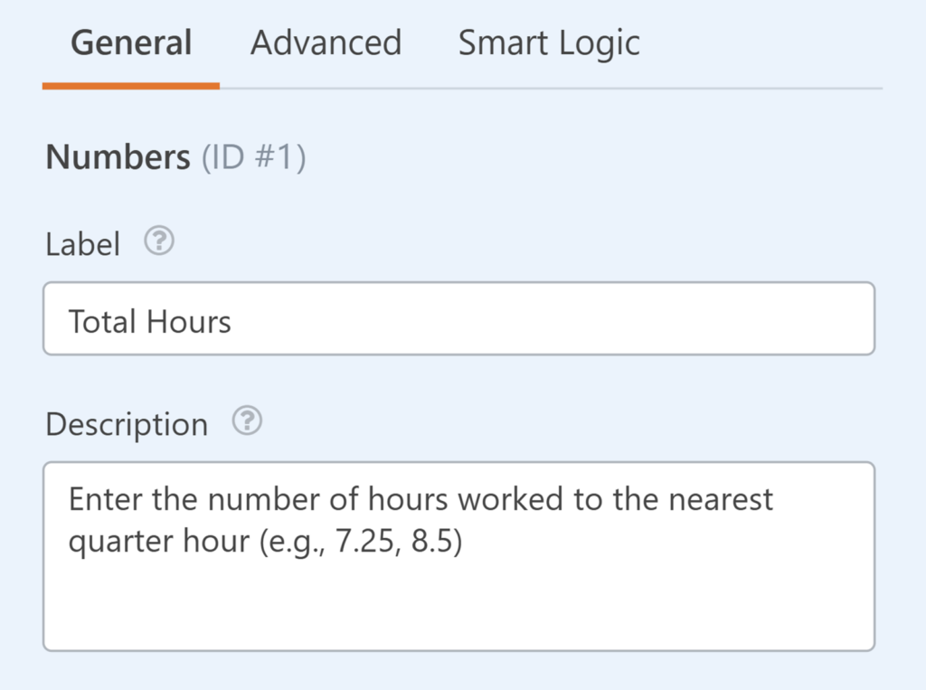 label and description options for Numbers field