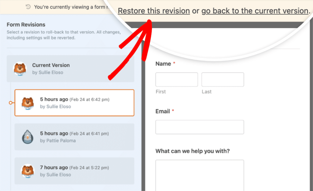 Clicking the option to restore a form revision