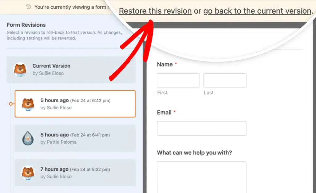 Cliquer sur l'option pour restaurer une révision de formulaire