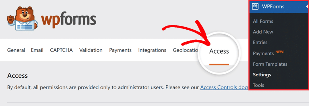 Navigating to the access tab