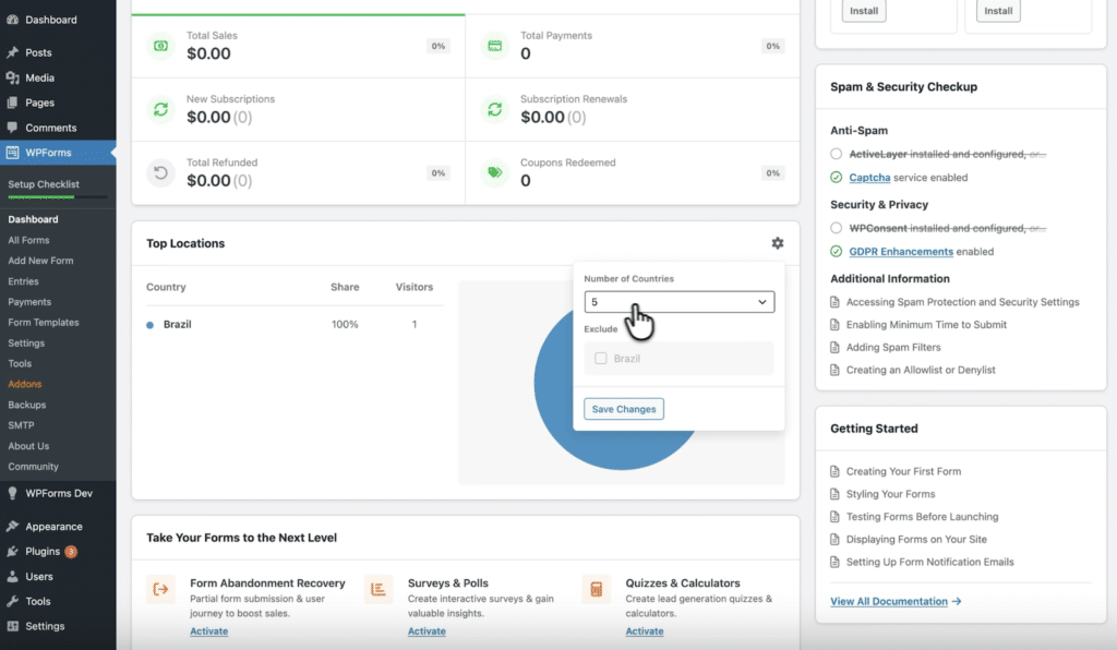WordPress admin dashboard showing WPForms overview with analytics cards and a left navigation menu.