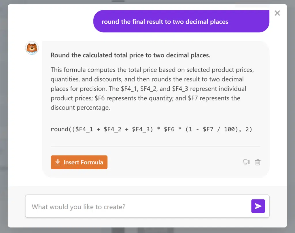 formula customizations AI - WPForms AI generated formula