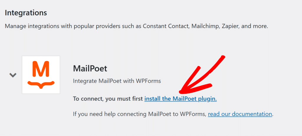 Click install the Mailpoet plugin text