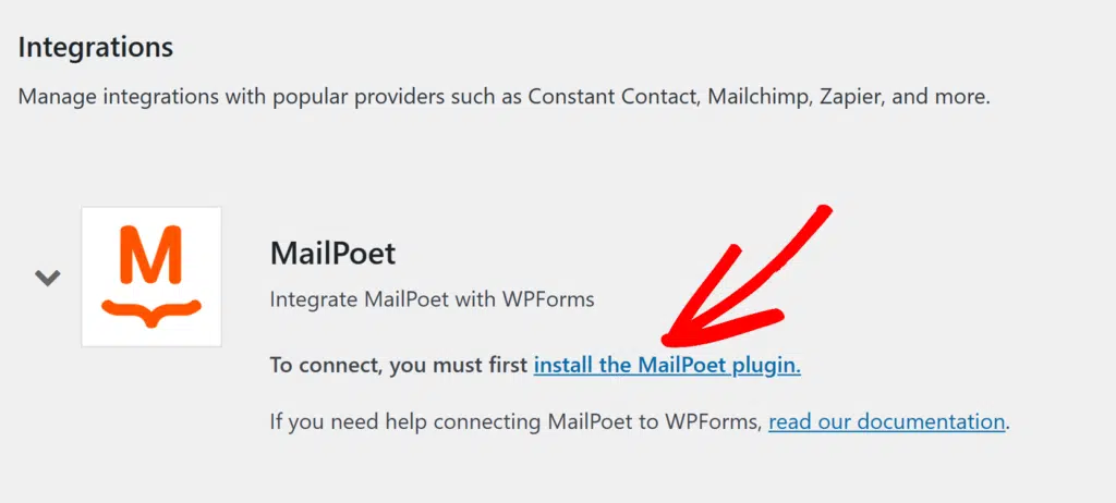 install-mailpoet-plugin - WPForms Click install the Mailpoet plugin text