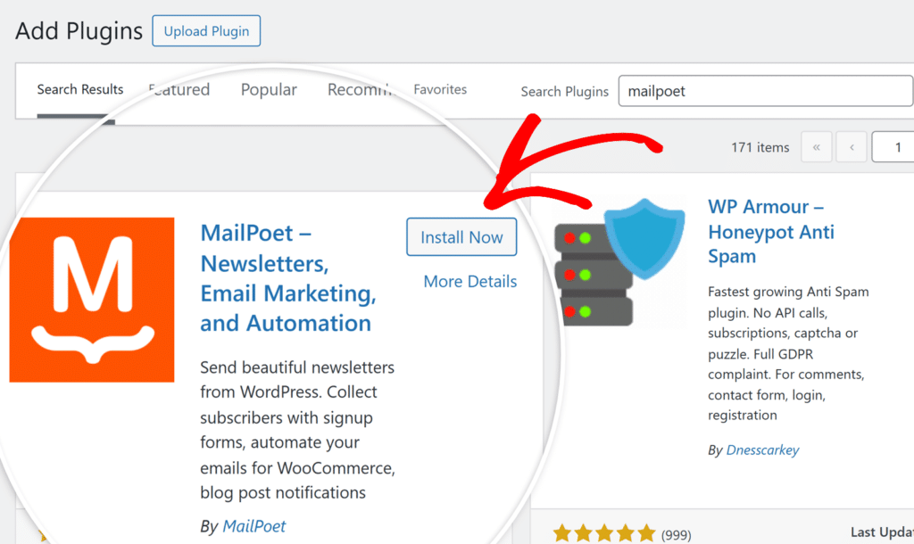 Install Now MailPoet plugin