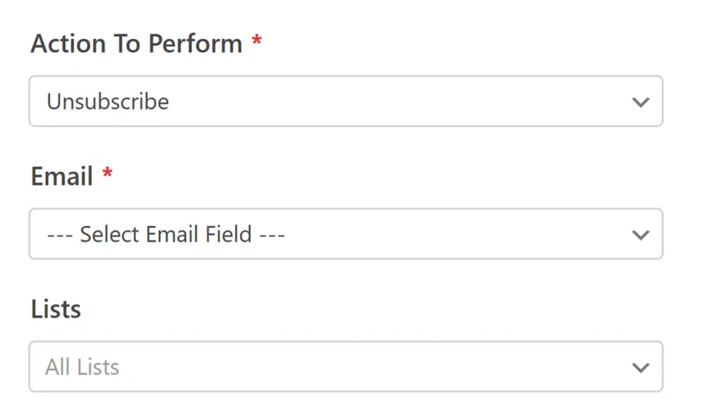 unsubscribe - WPForms Action to perform: Unsubscribe