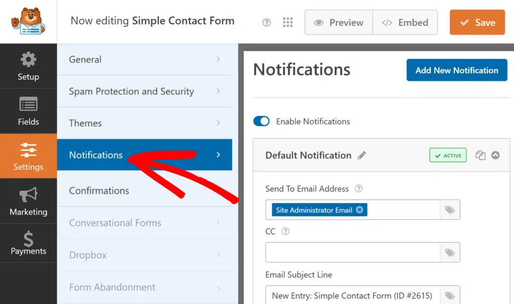 Acessar configurações de notificação do formulário