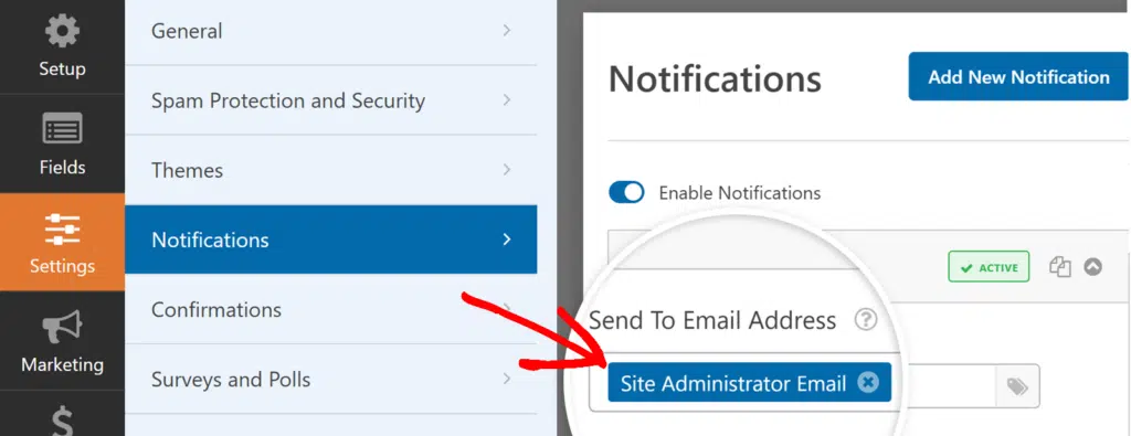 The {admin_email} Smart Tag in the Send To Email Address field in the notifications settings