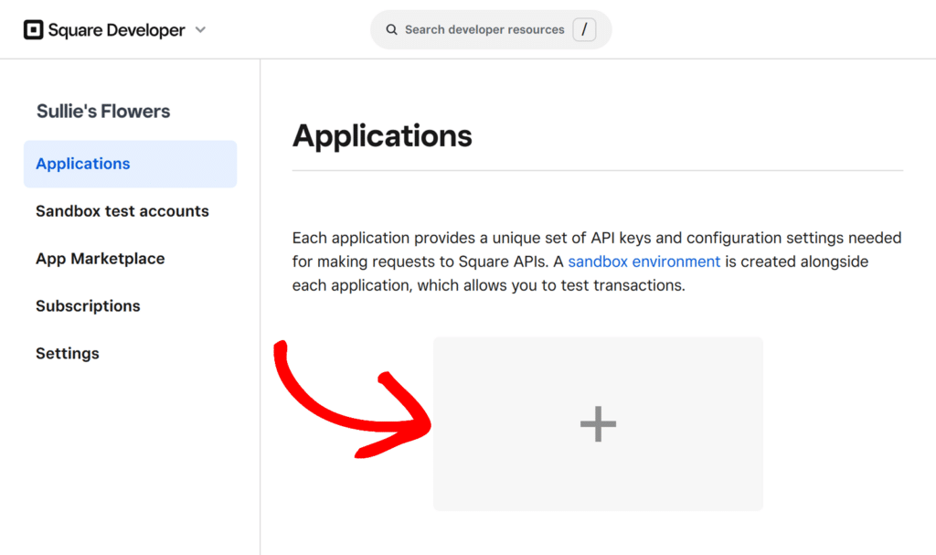 create-new-app-square-1 - WPForms Clique em + para adicionar um novo aplicativo Square