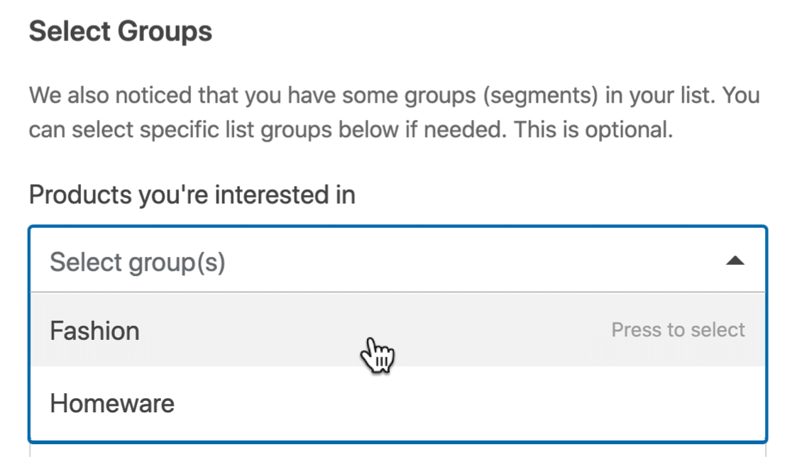 Mailchimp Groups form settings