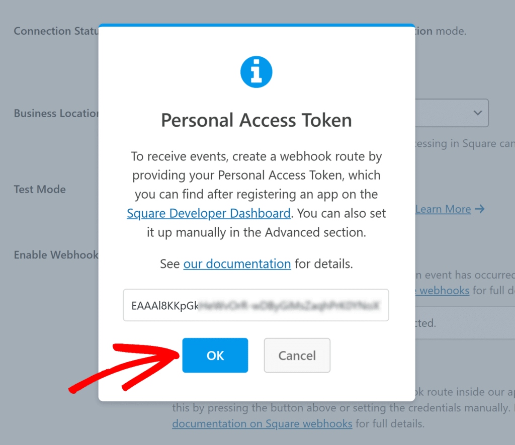 paste-square-access-token-1 - WPForms Clique em Ok após inserir o token de acesso
