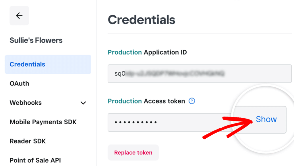 show-access-token-square - WPForms Clique em Mostrar para revelar o token de acesso