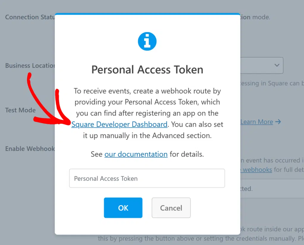 Click Square Developer Dashboard link