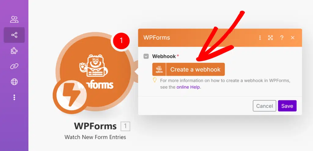 create-webhook-make - WPForms Click Create a webhook button