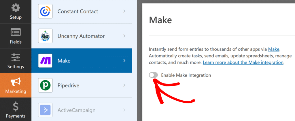 enable-make-integration - WPForms Activar la integración de Make