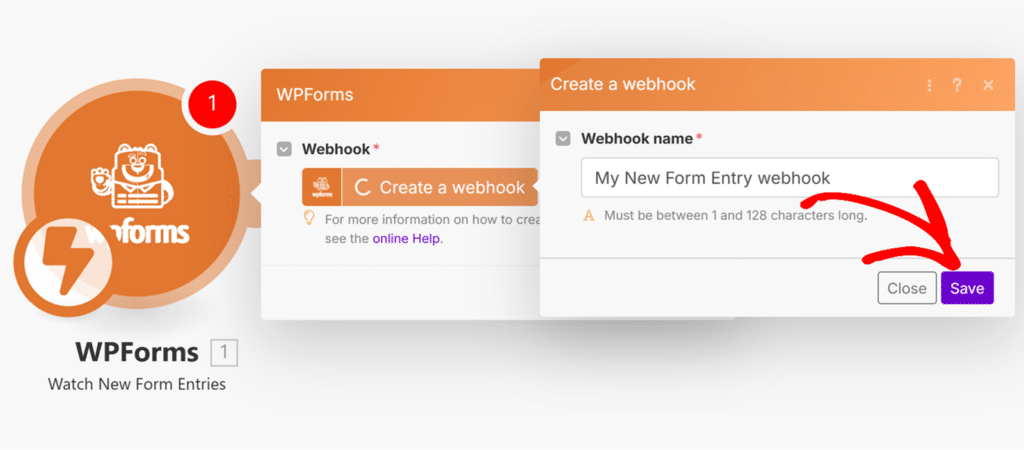 enter-webhook-name - WPForms Haga clic en Guardar