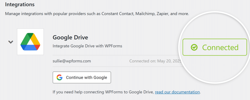 google-drive-connected - WPForms Google Drive connected