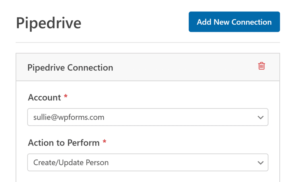 select-account-and-action-pipedrive - WPForms Configurações de conexão do Pipedrive