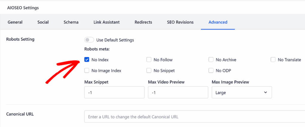 aioseo no index checkbox